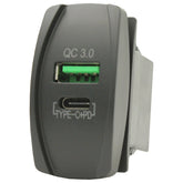 Type C + QC 3.0 USB Rocker Style Charger - Blue LED